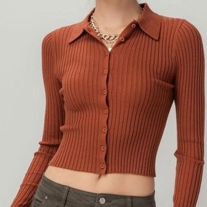Terracotta Ribbed Collared Cropped Sweater Top